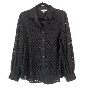 Chico’s Black Eyelet Bishop Sleeve Button Up Blouse US‎ Size 10